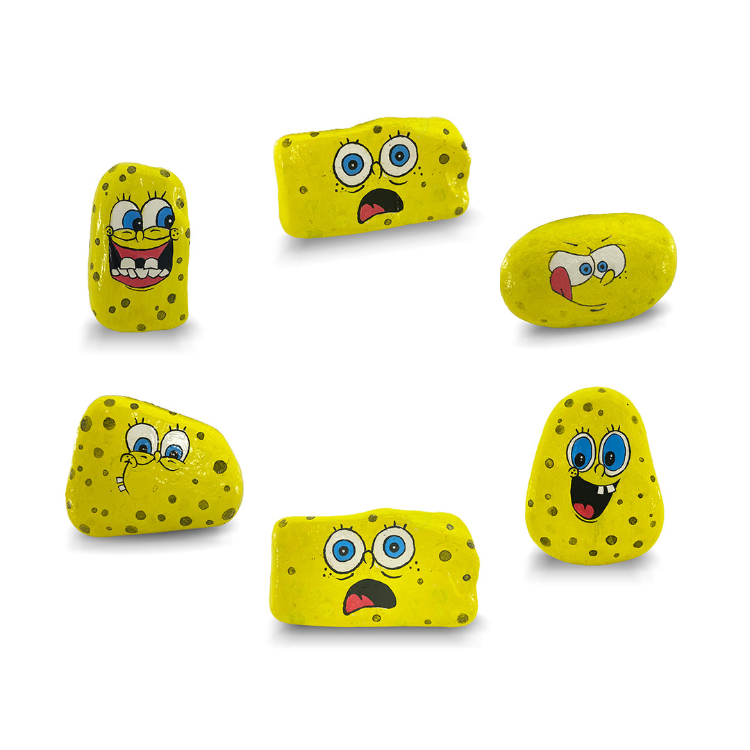 Hand-Painted SpongeBob Rock Art Collection - Set of 6 Decorative Stones